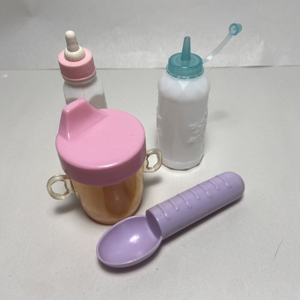 Baby Bottle Sippy Cup and Spoon For Baby Dolls Lot of 4 Toy Accesories
